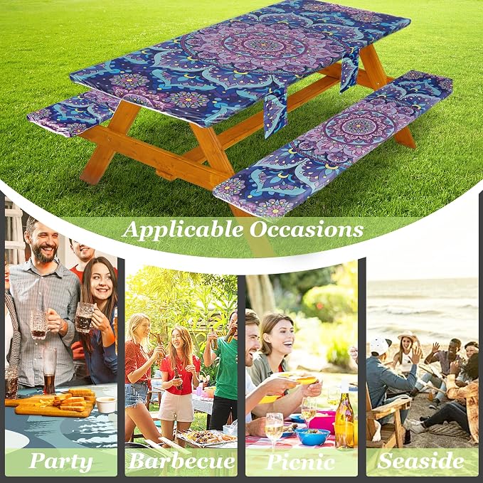 Fitted Picnic Table Cover with Bench Covers Waterproof Elastic Edges Rectangle Patio Tablecloth Outdoor Camping Essentials Stuff Rv Accessories Summer Trip Travel Camper Gifts for Woman Men, 96in 8 ft