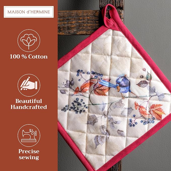 Maison d' Hermine Pot Holders 100% Cotton Potholders (8" x 8", Pack of 2) | Heat Resistant Hot Pads with Loop BBQ Cooking Baking Kitchen Handling Hot Pans Thanksgiving Christmas - Equinoxe - Beige