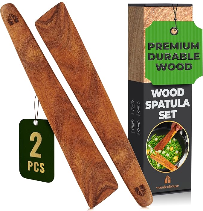Wooden Spatula for Cooking, 12" Set of 2 - Turner & Scraper for Cast Iron | Flipper for Non Stick & Frying Pan, Egg & Pancake – BPA Free & Heat Resistant Teak Utensils