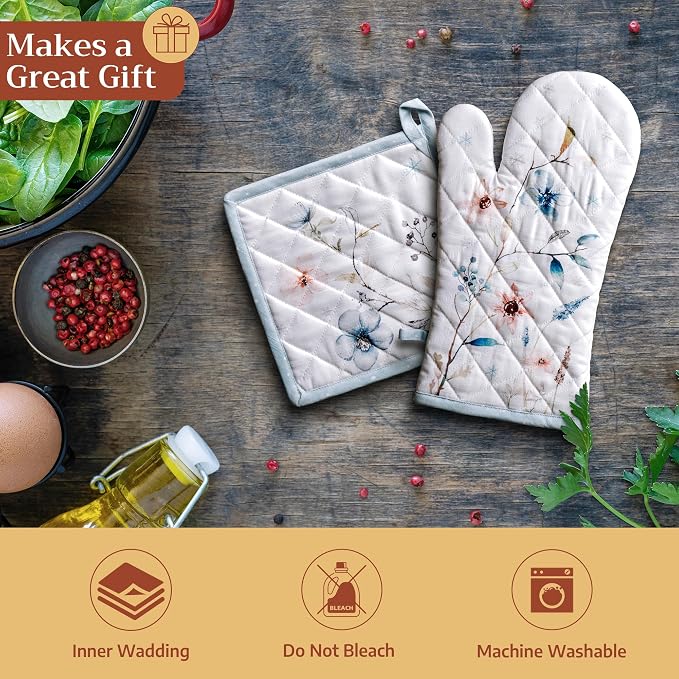 Maison d'Hermine Oven Gloves 100% Cotton Oven Mitt (7" x 13", Pack of 1) | With Loop Heat Resistant BBQ Cooking Gloves Baking Kitchen Handling Hot Pans Thanksgiving Christmas - Ice Florals