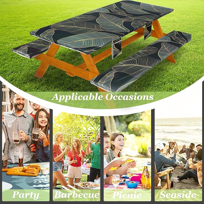 Wrakus Picnic Table Cover with Bench Covers Vinyl Elastic Edges Fitted Rectangle Seat Tables Waterproof 3-Piece96X30in Set Outdoor Rectangular Folding Backing Tablecloth for Camping Over Size