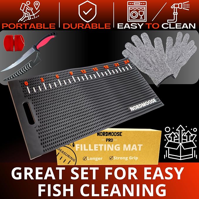 Fish Fillet Mat Kit with Fish Ruler Decal and Fillet Knife, Cutting Gloves. Large 28"x14" Nonslip Fish Cleaning Mat that Grips the Fish - Durable & Easy to Clean, Portable Fish Cutting Board | Fish Ruler, Fillet Knife & Sharpener, Cutting Gloves, Scale...