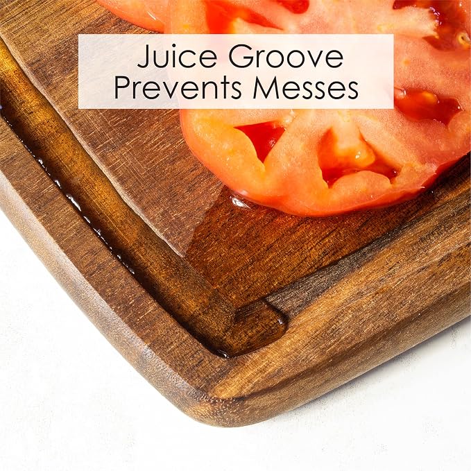 TB Home Acacia Wood Cutting Board with Juice Groove, Wooden Chopping Board for Kitchen, 14” x 7” x 5/8”