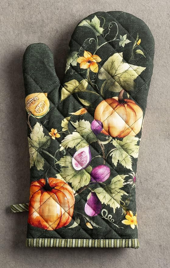 Maison d'Hermine Oven Gloves 100% Cotton Oven Mitt (7" x 13", Pack of 1) | With Loop Heat Resistant BBQ Cooking Gloves Kitchen Handling Hot Pans Thanksgiving Christmas - Pumpkin Garden - Dark Green