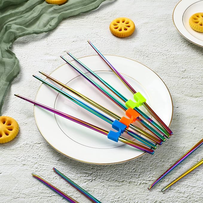 5 Pairs Reusable Chopsticks Helpers Training Chopstick for Beginner Replaceable Practice Chopsticks Non-slip Training Chopstick for Adults Learner(Stainless Steel,Colorful)