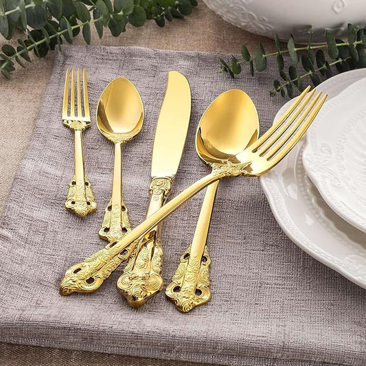 KEAWELL Luxury 20 Pieces 18/10 Stainless Steel Flatware set, Service for 4, silver plated with gold accents, Fine Silverware set and Dishwasher Safe (Gold)