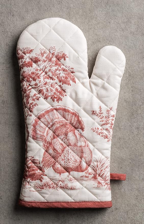 Maison d' Hermine 100% Cotton Oven Mitt & Pot Holder Set (7.5"x13" & 8"x8") | Heat Resistant BBQ Cooking Gloves with Loop Baking Grilling Kitchen Home Farmhouse Thanksgiving Christmas - Holy Jouy - Red
