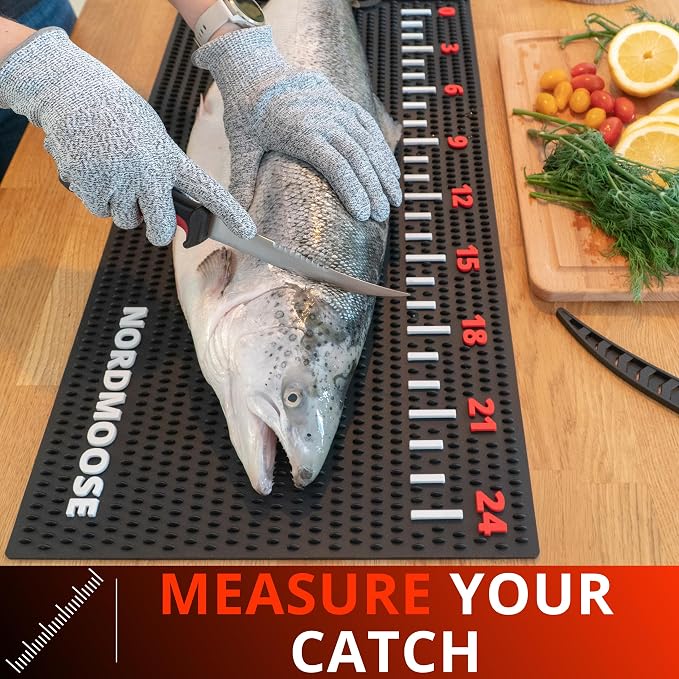 Fish Fillet Mat Kit with Fish Ruler Decal and Fillet Knife, Cutting Gloves. Large 28"x14" Nonslip Fish Cleaning Mat that Grips the Fish - Durable & Easy to Clean, Portable Fish Cutting Board | Fish Ruler, Fillet Knife & Sharpener, Cutting Gloves, Scale...
