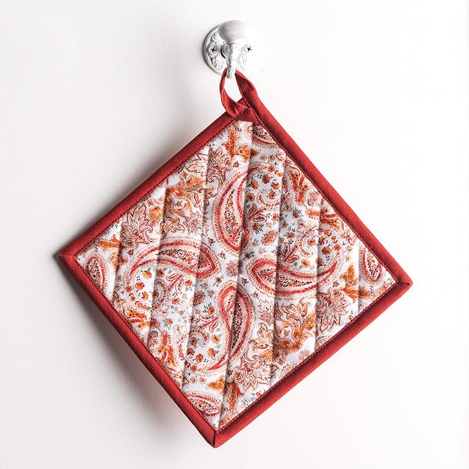 Maison d' Hermine Pot Holders 100% Cotton Potholders (8" x 8", Pack of 1) | Heat Resistant Hot Pads with Loop BBQ Cooking Baking Hotel Kitchen Handling Hot Pans Thanksgiving Christmas - Orient