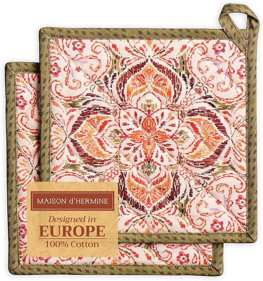 Maison d' Hermine Pot Holders 100% Cotton Potholders (8" x 8", Pack of 2) | Heat Resistant Hot Pads with Loop BBQ Cooking Baking Hotel Kitchen Handling Hot Pans Thanksgiving Christmas - Damask