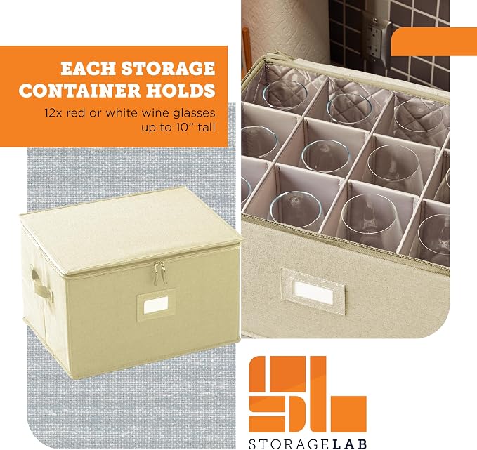 storageLAB Wine Glass Storage Case | Hard Shell Felt Dividers | Cream | Hard shell case holds 12 wine glasses in 4x4 felt compartments. Stackable, top-load, label tag. Cream linen finish.