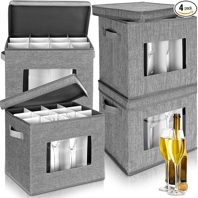 Uiifan 4 Pcs Champagne Flute Storage Box with Dividers 12 Compartment Stemware Storage Cases China Container Box with Lid, Handles, PVC Window for Moving, Gray