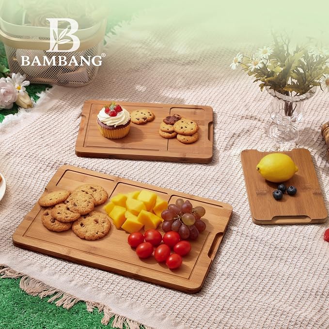 BAMBANG Bamboo Cutting Board, Dark Carbonized Chopping Boards Set of 3 with Stand, Butcher Block with Deep Juice Groove, Non-Toxic Wooden Cutting Boards for Kitchen Meal Prep & Serving