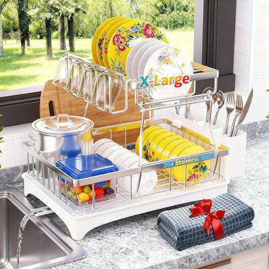 Godboat 2-Tier Dish Drying Rack - 304 Stainless Steel Dish Rack Auto Drain | Dish Racks for Kitchen Counter, Dish Drainer with Knife Fork & Cup Rack, Gifts for Women, Mothers Day, Kitchen Gadget, Silver