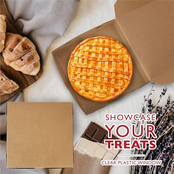 Fit Meal Prep 10 Pack Kraft Bakery Boxes, 9 x 9 x 3 Inches Brown Pastry Boxes, Cardboard Treat Boxes Pie Boxes Cookie Boxes Dessert Boxes for Cupcakes, Chocolates, Donuts, Macarons
