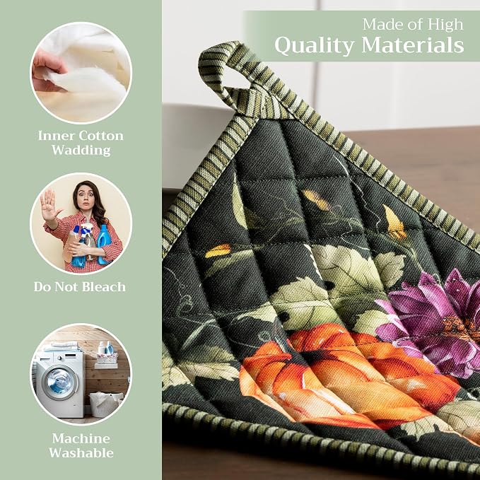Maison d' Hermine Pot Holders 100% Cotton Potholders (8" x 8", Pack of 2) | Heat Resistant Hot Pads with Loop BBQ Cooking Kitchen Handling Hot Pans Thanksgiving Christmas - Pumpkin Garden - Dark Green