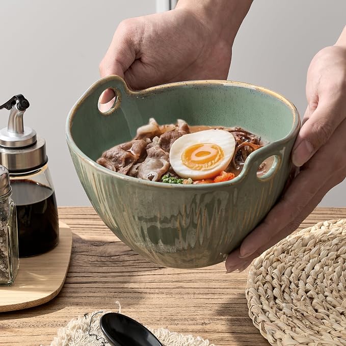 Ramen Bowl with Chopsticks and Spoons Set, 7 Inch Ceramic Noodle Bowl Set of 2, Donburi Bowl Dishwasher Safe for Pho Udon Soba Noodle Salad Pasta, Special Wild Sage Earth Bowls Set