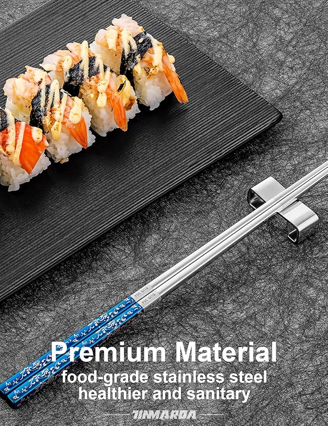 TINMARDA Metal Chopsticks Reusable, 3 Pairs Non-Slip Chop Sticks Reusable Dishwasher Safe, Titanium Plated Stainless Steel Chopsticks Present Set (Blue Silver)