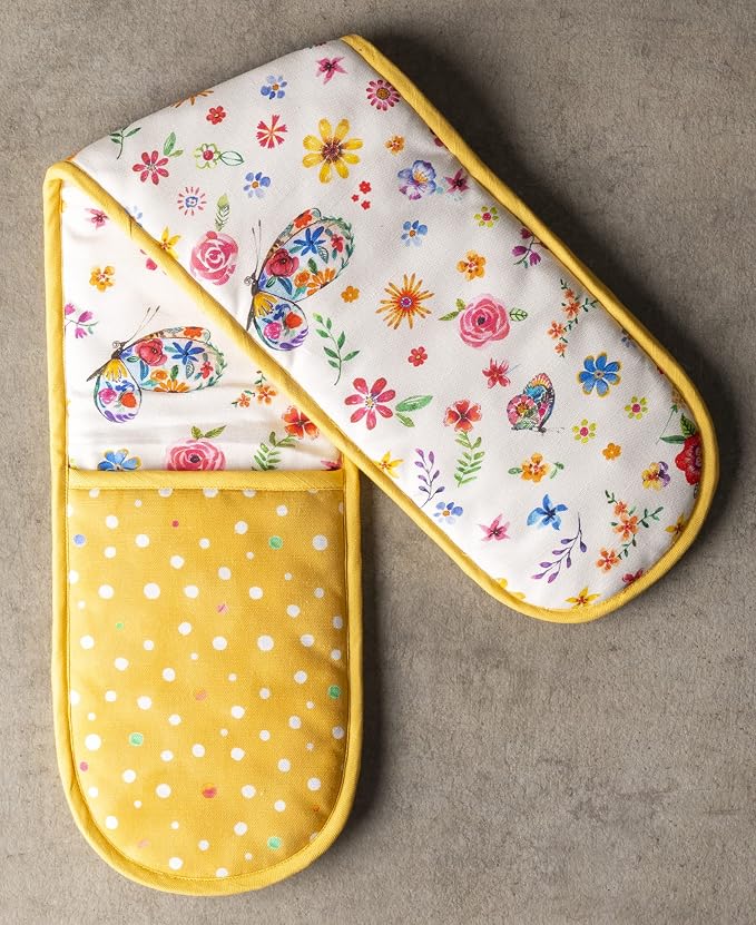 Maison d' Hermine Double Oven Mitts 100% Cotton Double Oven Glove (7"x35") | Heat Resistant BBQ Cooking Gloves with Loop Baking Grilling Kitchen Home Farmhouse Spring Summer - Happy Florals - Sweety