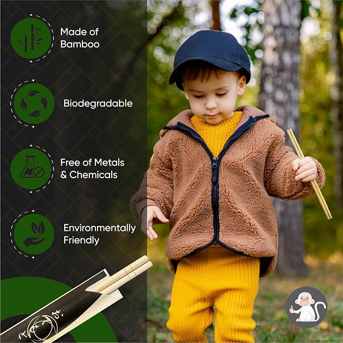 Albino Monkey [ 9.25" Long ] 200 Round Disposable Bamboo Chopsticks Bulk - Splinter-Free, Individually Wrapped, Hand-Packed Chop Sticks for Sushi, Noodles, Restaurants & Catering (100 Pairs)