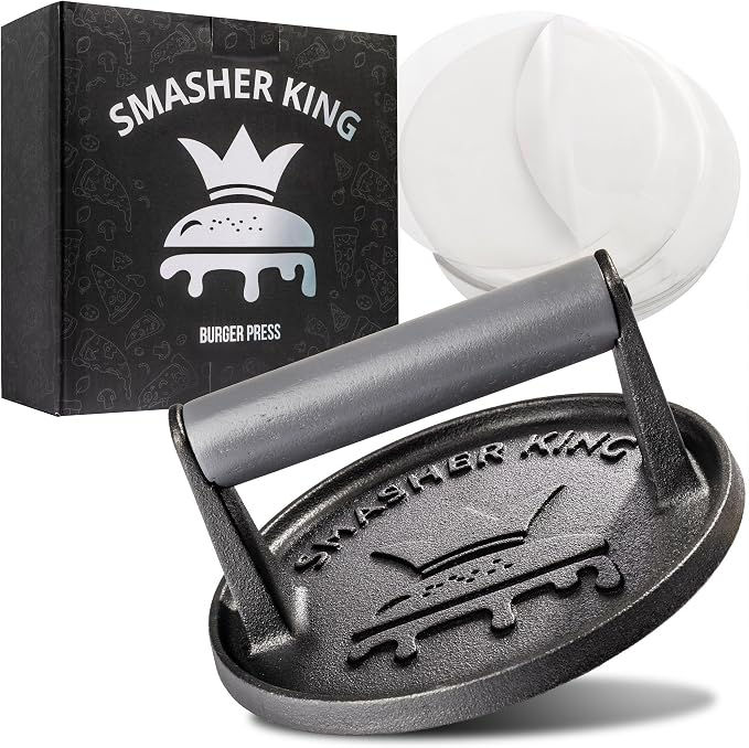 SMASHER KING™ - Smash Burger Press - Cast Iron Burger Smasher | Hamburger Patty Maker - Smash Burger Kit With 25 Sheets Of Paper - Grill Press And Steak Weight And Heavy Meat Smasher