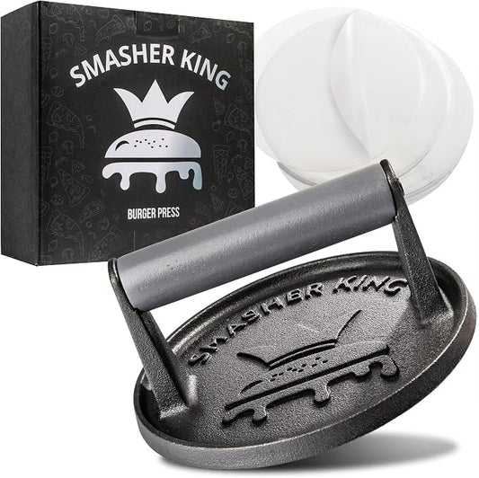 SMASHER KING™ - Smash Burger Press - Cast Iron Burger Smasher | Hamburger Patty Maker - Smash Burger Kit With 25 Sheets Of Paper - Grill Press And Steak Weight And Heavy Meat Smasher