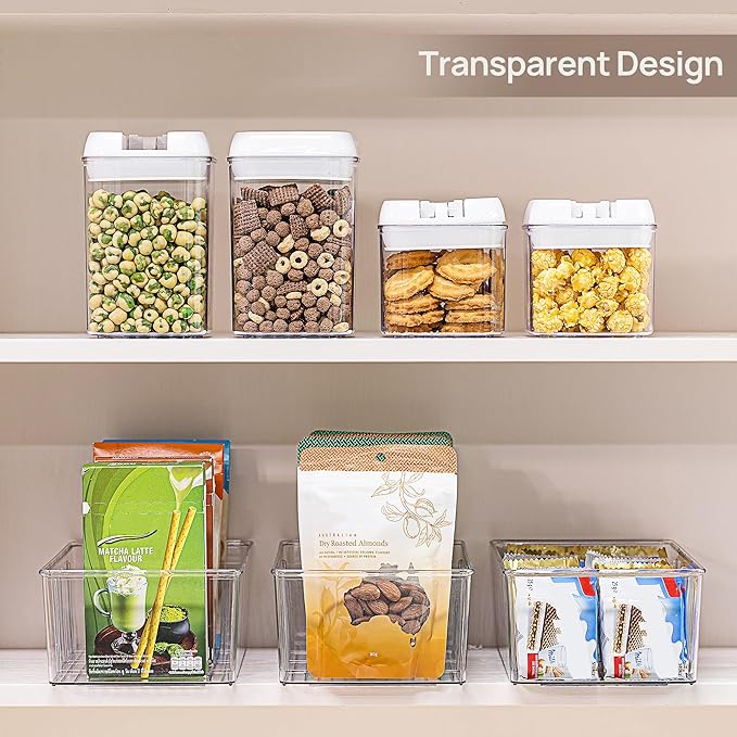 Vtopmart 8 Pack Food Storage Organizer Bins, Clear Plastic, 4 Compartments | For Pantry, Kitchen, Fridge and Cabinet Organization, Organize Food Packets, Snacks, Pouches and Spice Packets