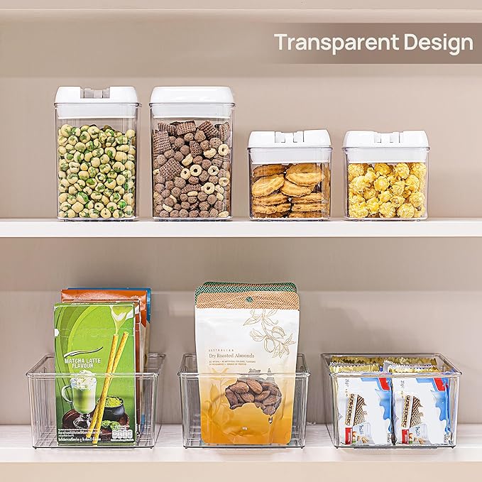 Vtopmart 4 Pack Food Storage Organizer Bins, Clear Plastic, 4 Compartments | For Pantry, Kitchen, Fridge and Cabinet Organization, Organize Food Packets, Snacks, Pouches and Spice Packets