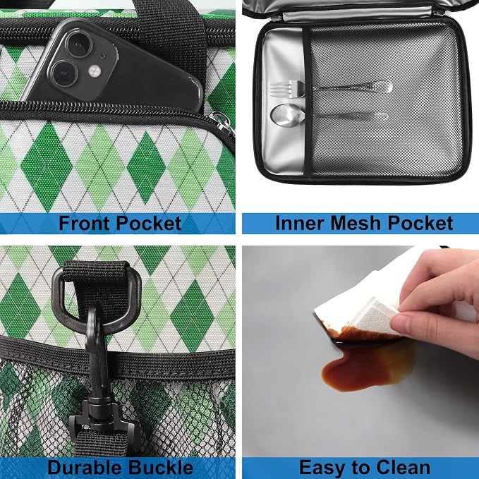 Lunch Bags for Women/Men, Insulated Lunch Bag for Work Office - Lunch Cooler Bag Leakproof Lunch Box with Adjustable Shoulder Strap - Green plaid