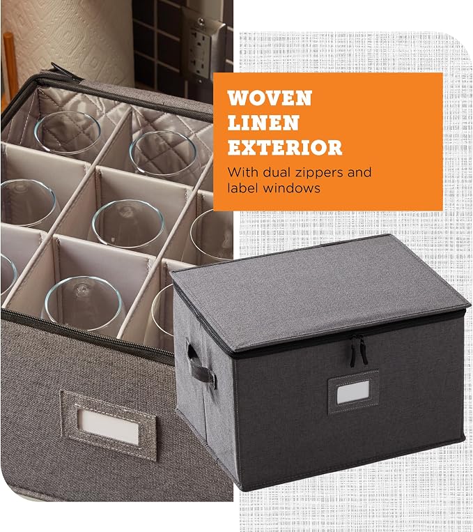 storageLAB Wine Glass Storage Case | Hard Shell Felt Dividers | Gray | Hard shell case holds 12 wine glasses in 4x4 felt compartments. Stackable, top-load, label tag. Keeps stemware chip-free.