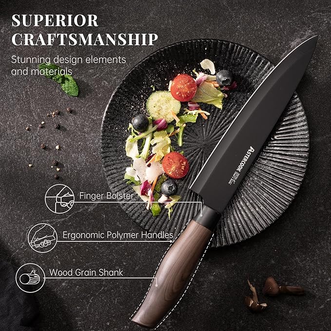 Astercook Knife Set, 6-Piece Kitchen Knife Set with Block, High Carbon Stainless Steel Ultra Sharp Kitchen Knives, Wood Grain Handle, Dishwasher Safe Knife Block Set, Black, Kitchen Utility Knives