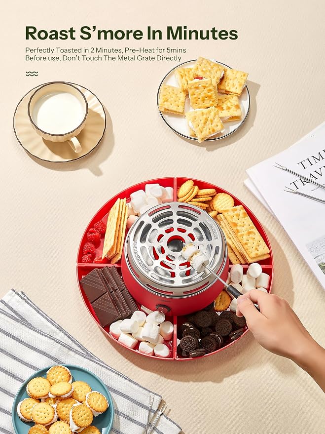 S'mores Maker Tabletop Indoor, Reemix Flameless Electric Marshmallow Roaster with 4 Detachable Trays & 6 Roasting Forks, Gift Set & Date Night Idea, Red