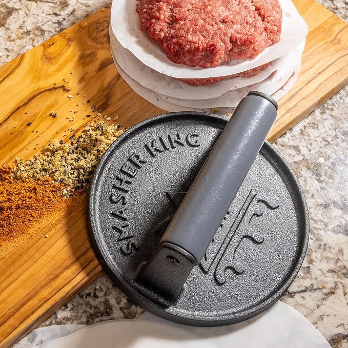 SMASHER KING™ - Smash Burger Press - Cast Iron Burger Smasher | Hamburger Patty Maker - Smash Burger Kit With 25 Sheets Of Paper - Grill Press And Steak Weight And Heavy Meat Smasher