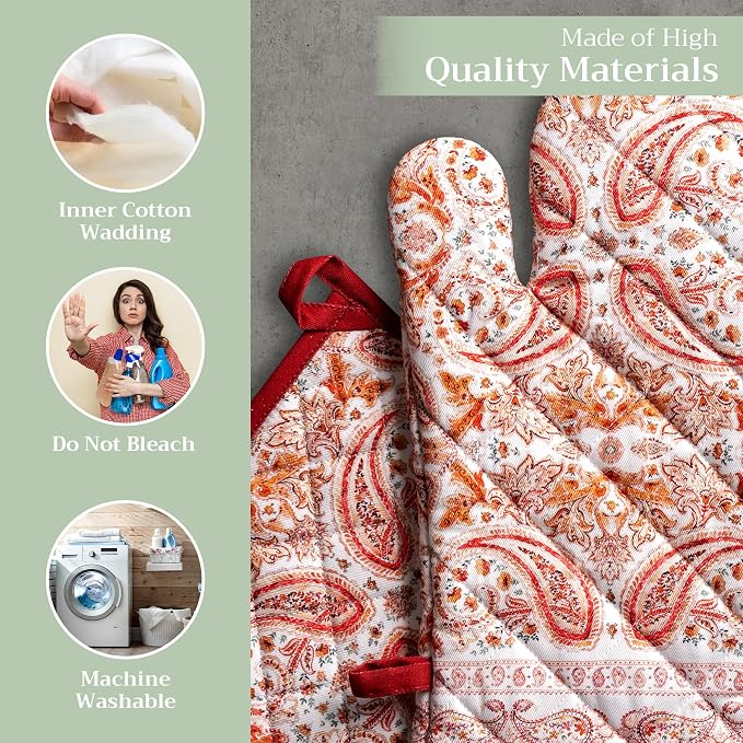 Maison d' Hermine 100% Cotton Oven Mitt & Pot Holder Set (7.5"x13" & 8"x8") | Heat Resistant BBQ Cooking Gloves with Loop Baking Grilling Kitchen Hotel Home Farmhouse Thanksgiving Christmas - Orient