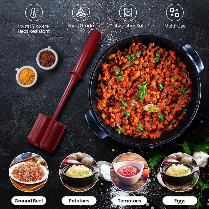 CUNSENR Premium Meat Chopper - 5 Curve Blade Ground Beef Smasher Tool - Heat-Resistant Nylon Meat Masher for Ground Beef, Hamburger, Potatoes - Non-Stick Ground Meat Chopper for Easy Mixing - Red