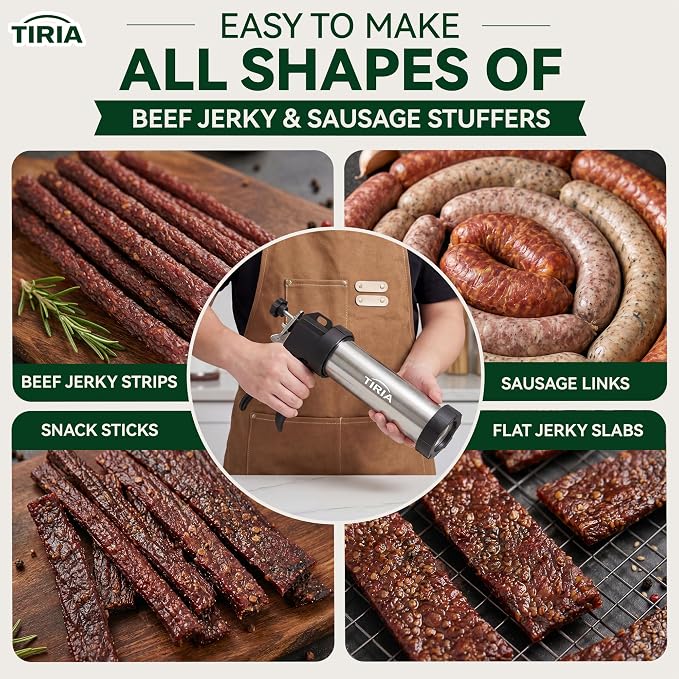 TIRIA Beef Jerky Gun Jerky Maker Sausage Stuffer Meat Stick Gun Cannon Kits | Stainless Steel Build, For Ground Meat, 5 Nozzles, 1 Meat Pusher, 5 Cleaning Brushes, Bonus Gloves, Great For Homemade Snacks