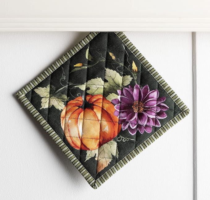 Maison d' Hermine Pot Holders 100% Cotton Potholders (8" x 8", Pack of 2) | Heat Resistant Hot Pads with Loop BBQ Cooking Kitchen Handling Hot Pans Thanksgiving Christmas - Pumpkin Garden - Dark Green