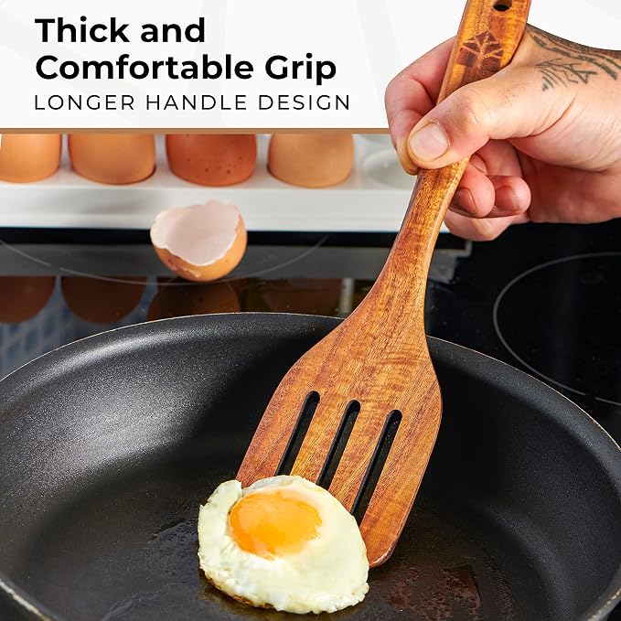 Wooden Spatula for Cooking, Teak Wood Set of 4 for Non Stick Frying Pan | Includes Paddle, Turner, Slotted Spurtle & Scraper – Long Ergonomic Handles, Scratch-Free Design