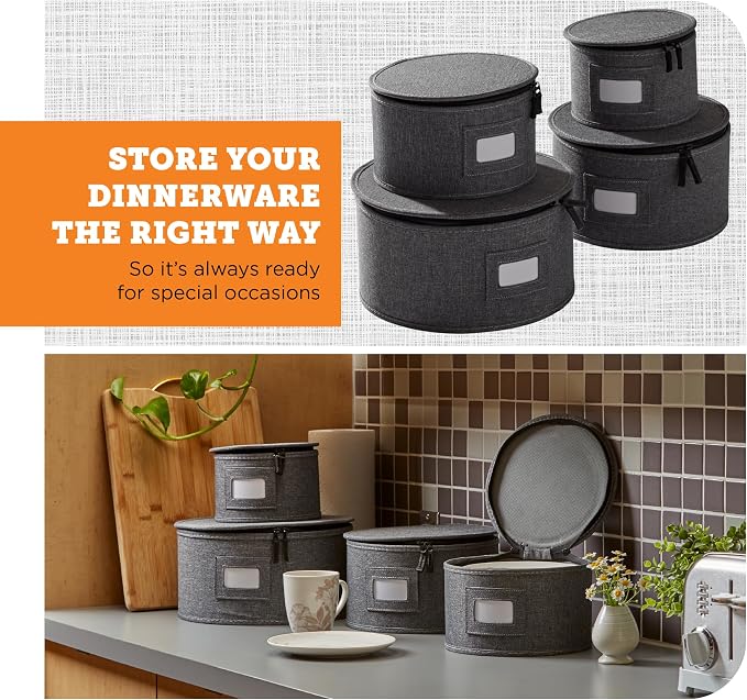storageLAB 4-Piece China Plate Storage Set | Hard Shell Dividers | Gray | 4 hard shell plate cases - dinner, salad, dessert & saucer, 12 plates each, 48 total. Felt dividers, stackable.