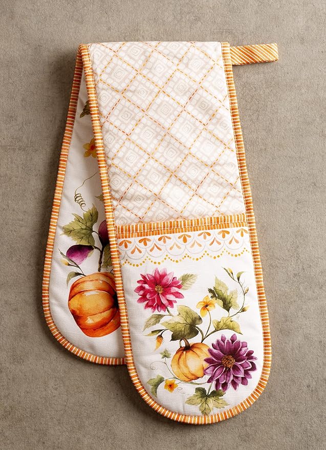 Maison d' Hermine Double Oven Mitts 100% Cotton Double Oven Glove (7"x35") | Heat Resistant Cooking Gloves with Loop Baking Kitchen Home Farmhouse Thanksgiving Christmas - Pumpkin Garden - Cloudy Cream