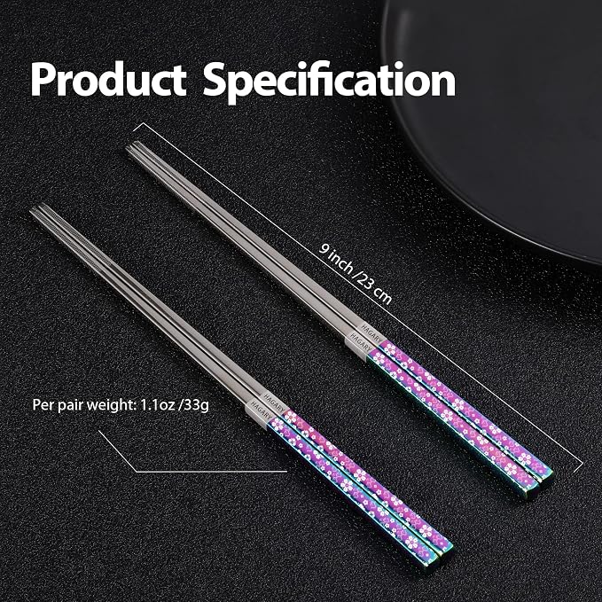 Hagary Cherry Blossom Rainbow Chopsticks Metal Chopsticks Reusable Designed In Korea Japanese Style Stainless Steel 316 18/10 Non-Slip Dishwasher Safe (5 Pairs)