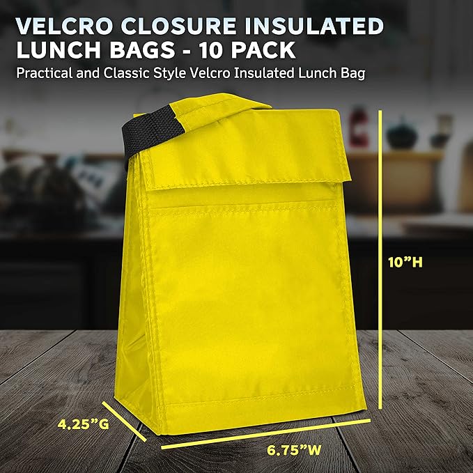 DISCOUNT PROMOS 10 Hook and Loop Insulated Lunch Bags Set - Polyester, Durable, Vibrant, Reusable - Yellow