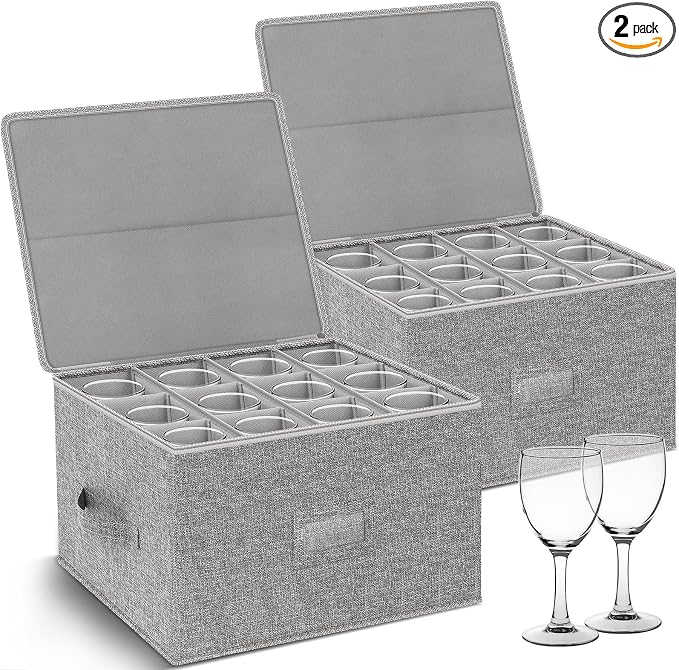 Kukikan Wine Glass Storage Box 2-Pack, Stemware Container Cases, Stackable w/Hard Shell Top Sides Bottom, Moving Supplies, China Storage Containers for 24 Crystal Glasses Drinkware 9.2'' Tall, Grey