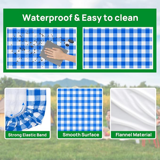 Vinyl Fitted Picnic Table Cover with Bench Covers & Bag 8ft Blue Checkered | Vinyl Fitted Picnic Table Cover with Bench Covers and Bag, Outdoor Waterproof Windproof Picnic Tablecloth with Elastic Edges.