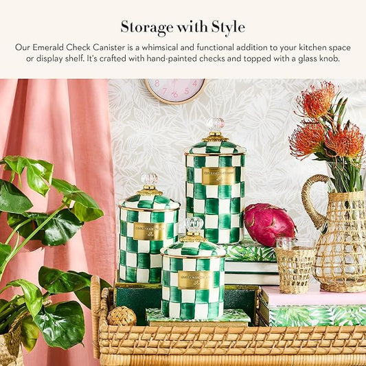 MACKENZIE-CHILDS Medium Enamel Canister, Kitchen Storage Container with Lid, Green-and-White Emerald Check