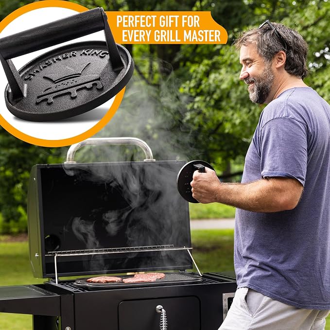 SMASHER KING™ - Premium Cast Iron Smash Burger Press incl. 25 pcs of Pat | ty Paper, Burger Smasher for Griddle with Black Wood Handle, Perfect Hamburger Press