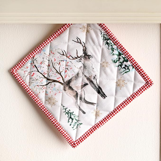 Maison d' Hermine Pot Holders 100% Cotton Potholders (8" x 8", Pack of 1) | Heat Resistant Hot Pads with Loop BBQ Cooking Baking Hotel Kitchen Handling Hot Pans Thanksgiving Christmas - Rural Christmas