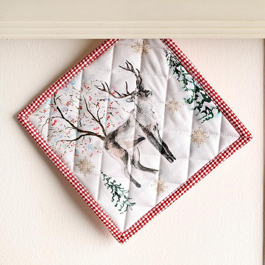 Maison d' Hermine Pot Holders 100% Cotton Potholders (8" x 8", Pack of 1) | Heat Resistant Hot Pads with Loop BBQ Cooking Baking Hotel Kitchen Handling Hot Pans Thanksgiving Christmas - Rural Christmas