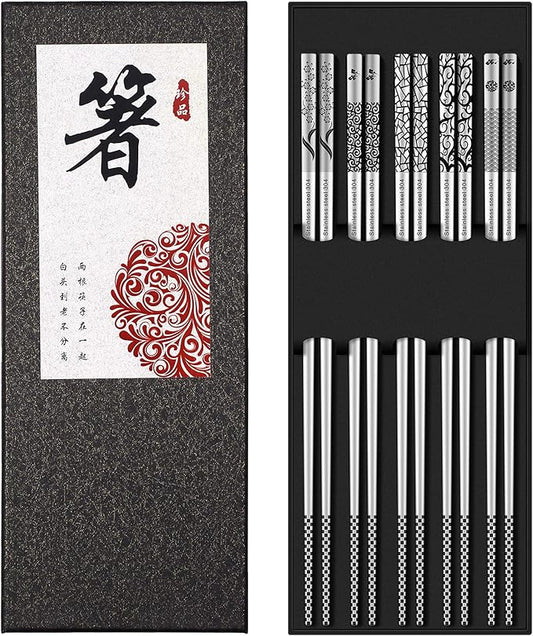 Metal Chopsticks Reusable 18/8 Stainless Steel Chopsticks Multipack Dishwasher Safe Chop Sticks Cute Laser Engraved Non-slip Japanese Korean Chopstick for Cooking Eating 9 1/4 Inches 5 Pairs Gift Set