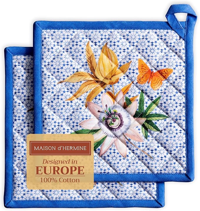 Maison d' Hermine Pot Holders 100% Cotton Potholders (8" x 8", Pack of 2) | Heat Resistant Hot Pads with Loop BBQ Cooking Baking Farmhouse Kitchen Handling Hot Pans Spring Summer - Passiflora